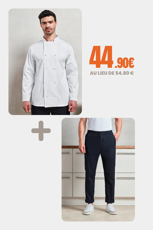 Pack Chef Professionnel – Veste de cuisine à manches longues + Pantalon cargo